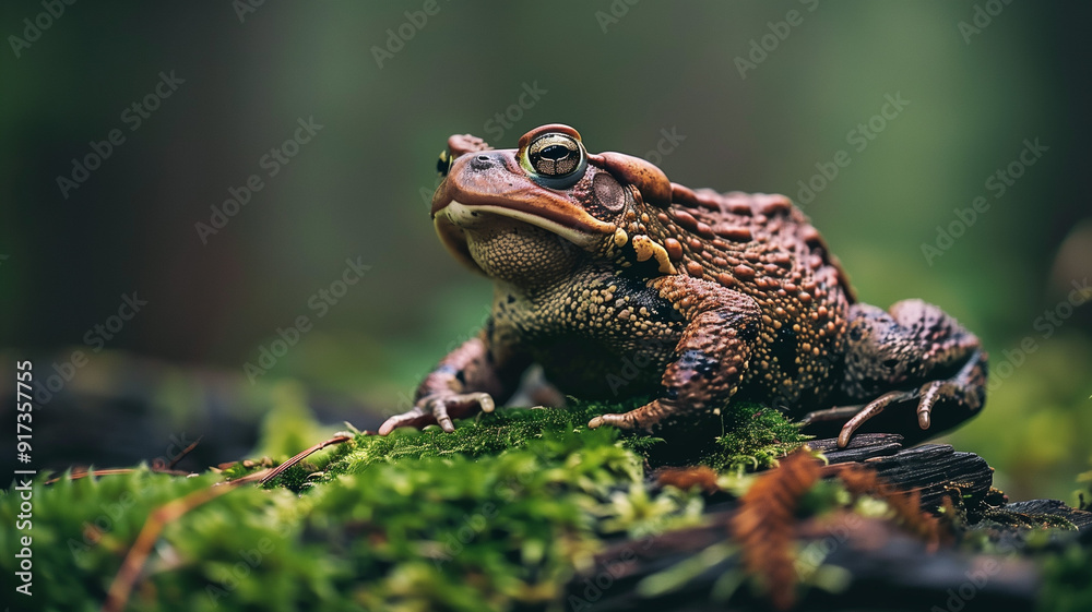 Fototapeta premium A close-up real photo of a toad sitting on a mossy log in a forest
