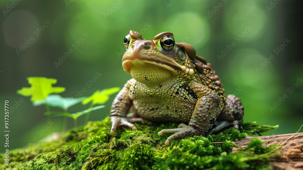 Obraz premium A close-up real photo of a toad sitting on a mossy log in a forest