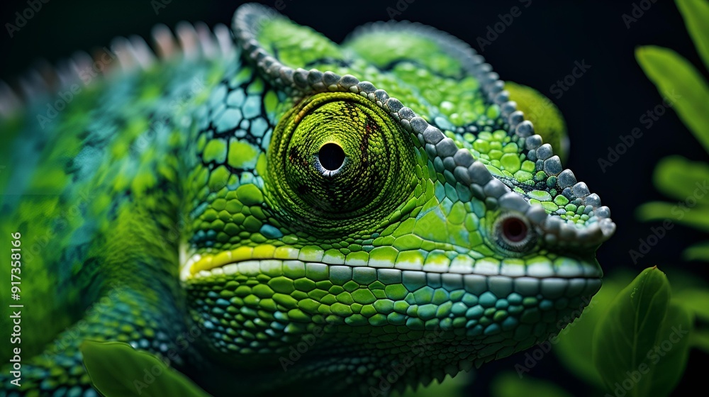 Close-up image of a chameleon, emphasizing its vivid green eyes. Close-up image of a chameleon, emphasizing its vivid green eyes.
