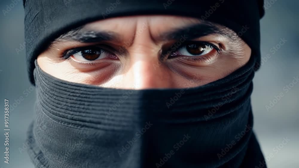 The ninjas face is almost entirely hidden behind a stylish scarf leaving only their fierce eyes visible. The ninjas face is almost entirely hidden behind a stylish scarf leaving only their fierce eyes visible.