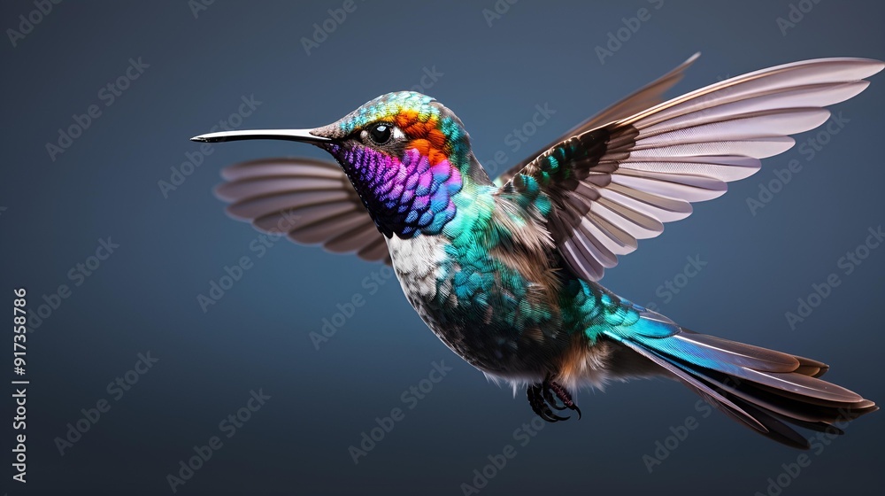 Obraz premium A strikingly colorful hummingbird soaring gracefully through the air.