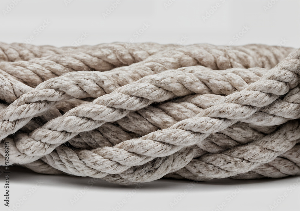 Nahaufnahme eines dicken, stark gedrehten Seils aus natürlichem, beigem Material, das in Schichten übereinanderliegt und eine robuste Struktur sowie starke Textur zeigt Nahaufnahme eines dicken, stark gedrehten Seils aus natürlichem, beigem Material, das in Schichten übereinanderliegt und eine robuste Struktur sowie starke Textur zeigt