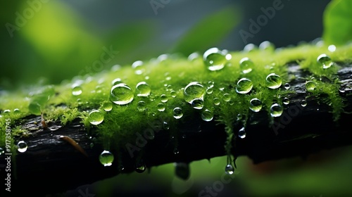 A mossy branch adorned with sparkling water droplets. photo