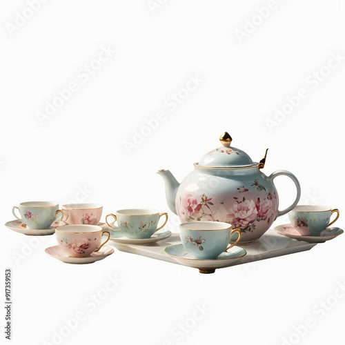 teapot and cups on white background