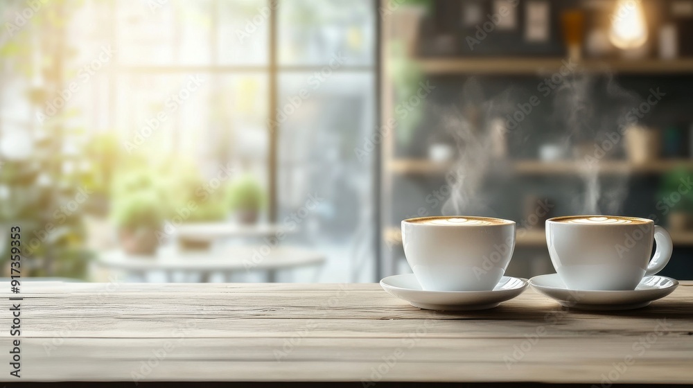 Interior of a Coffee Shop with Steamy Cups on Table