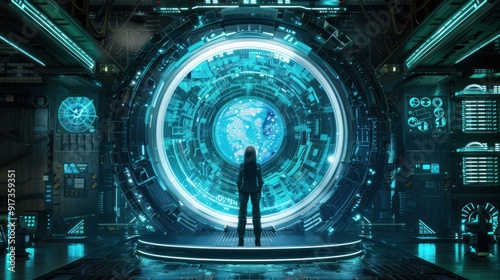 Futuristic scene with a large round portal with holographic content and a standing figure of a girl.