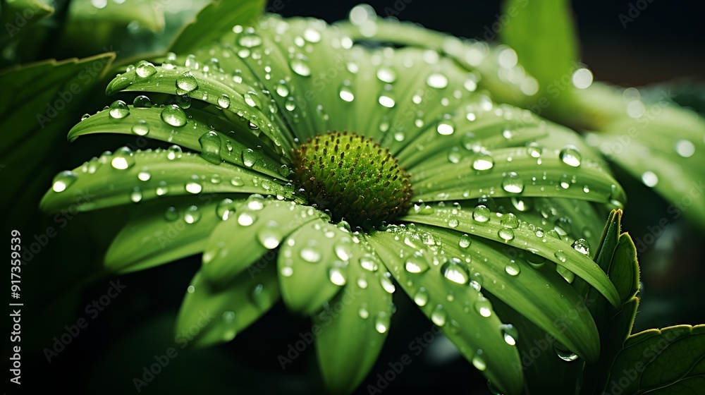 A lush green flower embellished with sparkling water droplets. A lush green flower embellished with sparkling water droplets.