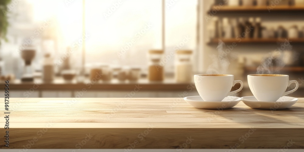 Interior of a Coffee Shop with Steamy Cups on Table Interior of a Coffee Shop with Steamy Cups on Table