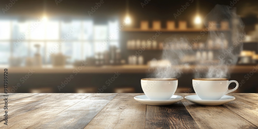 Interior of a Coffee Shop with Steamy Cups on Table Interior of a Coffee Shop with Steamy Cups on Table