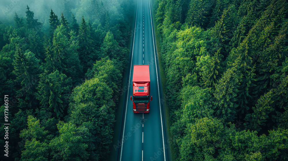 Fototapeta premium Hydrogen Energy Truck Driving on Forest Highway - Aerial Drone View of Sustainable Transport Amidst Lush Greenery, Environmental Conservation and Eco-Friendly Logistics