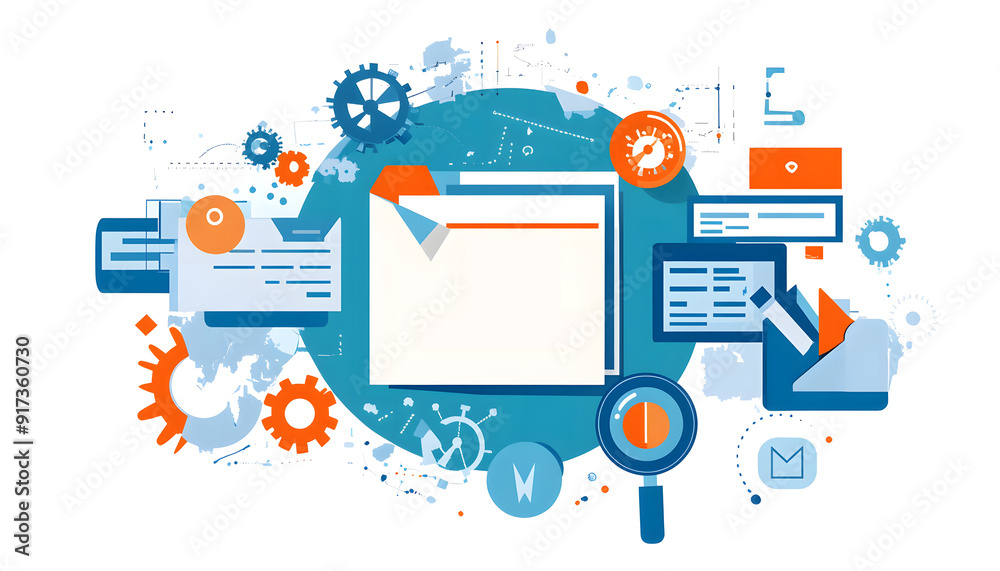 an illustration with the acronym RFP text integrates with an unfolding document, magnifying glasses symbolizing the opening and exploration of proposals design