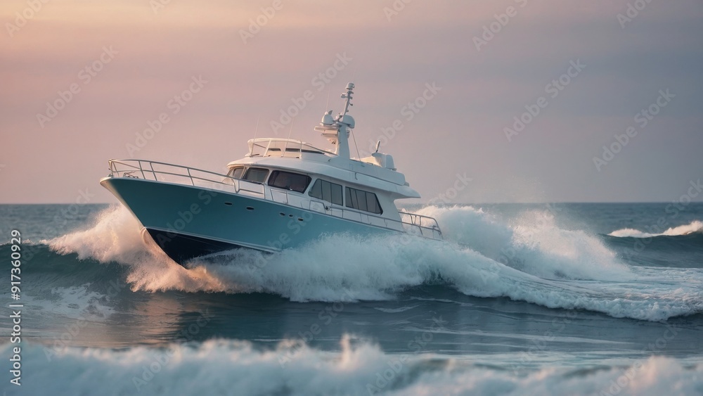 A white boat sailing on the waves at sunset. A white boat sailing on the waves at sunset.