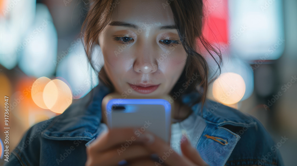 Fototapeta premium Young Asian Woman Using Smartphone, Evening City Lights Background, Technology and Connectivity Concept