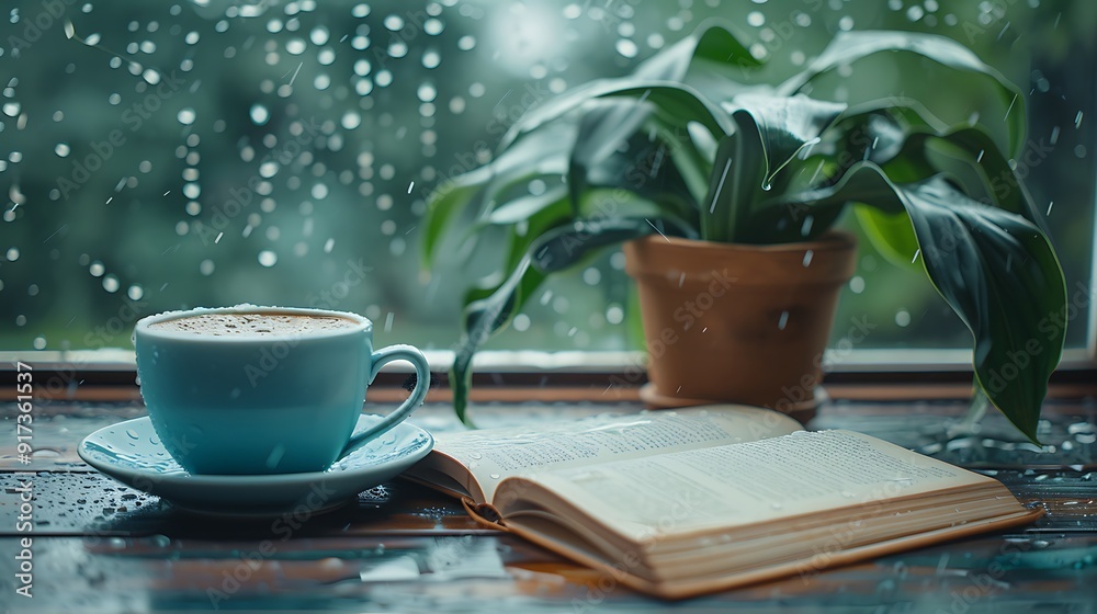 A detailed shot of a coffee cup and an open book on a wooden table, with raindrops softly hitting the window in the background, capturing the peaceful and cozy atmosphere of a rainy day ritual, A detailed shot of a coffee cup and an open book on a wooden table, with raindrops softly hitting the window in the background, capturing the peaceful and cozy atmosphere of a rainy day ritual,