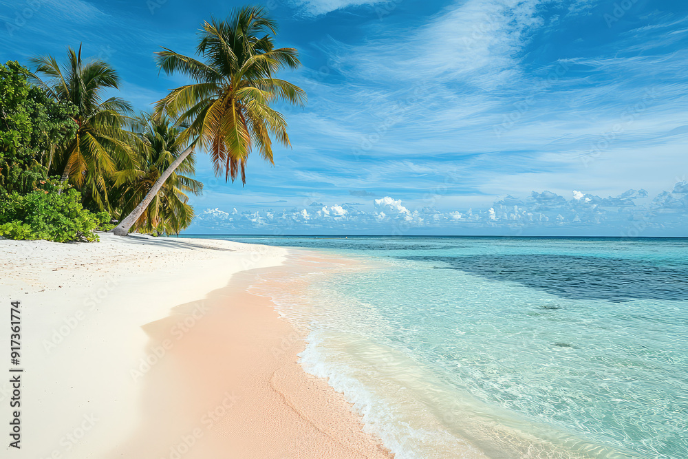 Discover serenity on this pristine beach where palm trees meet turquoise waters, creating an idyllic retreat for relaxation and rejuvenation in nature.
