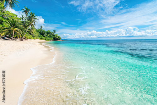 Escape to a tranquil beach where turquoise waters meet fine white sand, framed by lush green palms. Surrender to the serenity and beauty of nature. photo