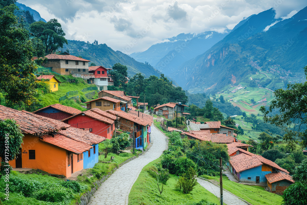 Discovering the picturesque mountain village alive with vibrant houses and surrounded by lush landscapes and majestic mountain ranges. Discovering the picturesque mountain village alive with vibrant houses and surrounded by lush landscapes and majestic mountain ranges.