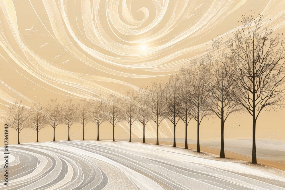 Fototapeta premium Elegant line art of bare autumn trees creating intricate lace-like patterns in a monochrome grove at sunset