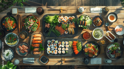 Japanese restaurant dinner table spread in top-down view, array of beautifully plated sushi, sashimi, tempura, surrounded, fresh salads, traditional Japanese food