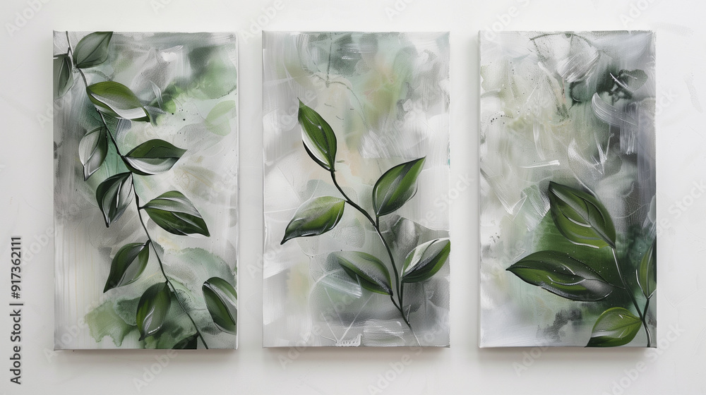 Three paintings with abstract green and gray leaf motifs scattered
