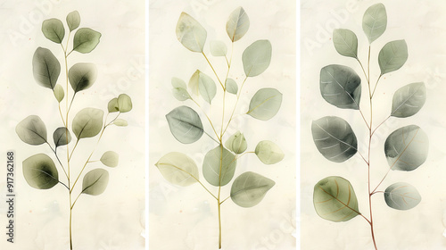 Three paintings featuring delicate green and gray leaves clustered in the center of each canvas , three paintings with minimalist painted leaves in green and gray colors,