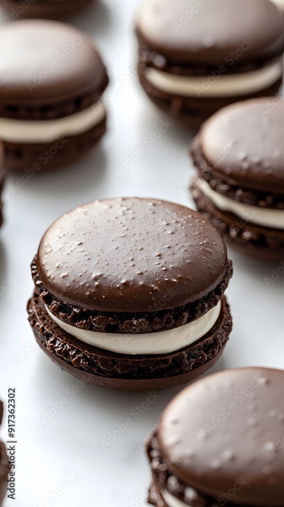 A close-up of chocolate macarons with white cream filling, placed on a light beige surface. The macarons have glossy and slightly smooth surfaces, showcasing their delicate texture A close-up of chocolate macarons with white cream filling, placed on a light beige surface. The macarons have glossy and slightly smooth surfaces, showcasing their delicate texture
