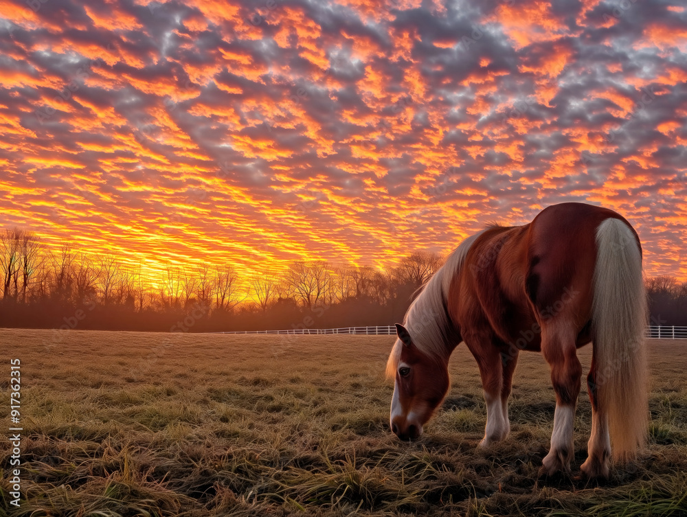 A horse is grazing in a field with a beautiful sunset in the background. The sky is filled with clouds, creating a serene and peaceful atmosphere A horse is grazing in a field with a beautiful sunset in the background. The sky is filled with clouds, creating a serene and peaceful atmosphere