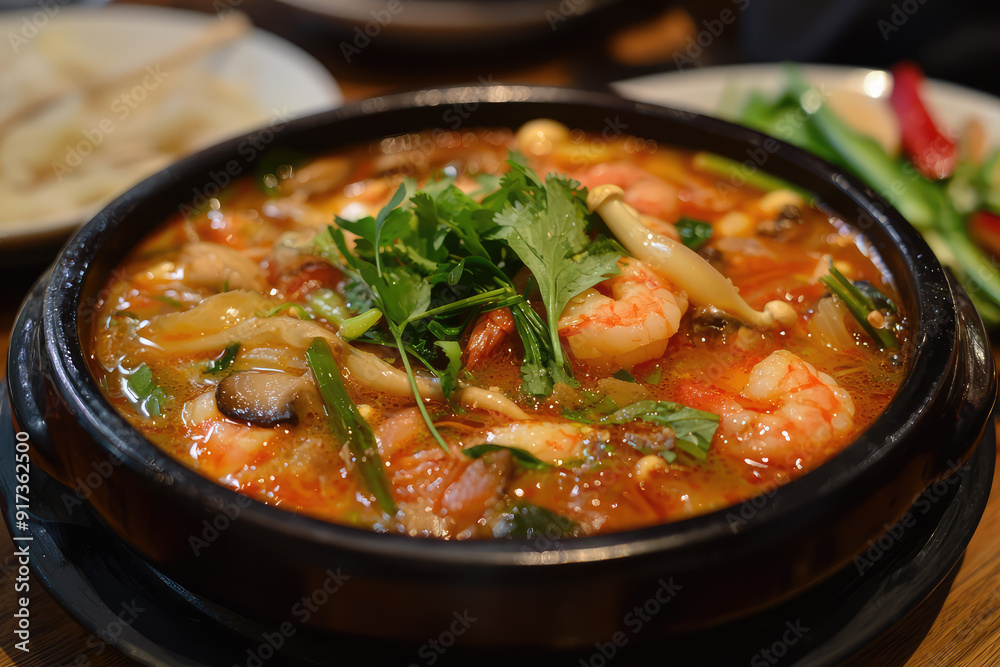 Aromatic and vibrant, this sizzling hot plate of Tom Yum Goong bursts with spicy, sour flavors, featuring shrimp, mushrooms, and fresh herbs in a rich broth. Aromatic and vibrant, this sizzling hot plate of Tom Yum Goong bursts with spicy, sour flavors, featuring shrimp, mushrooms, and fresh herbs in a rich broth.