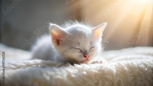 A Sweet and Serene Scene of a White Kitten Basking in the Warmth of Sunlight  generative AI photo