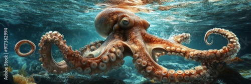 Majestic Octopus in its Underwater Habitat - An octopus gracefully swims through the ocean, its tentacles reaching out, showcasing its intelligence and grace. The vibrant blue water and rocky bottom c