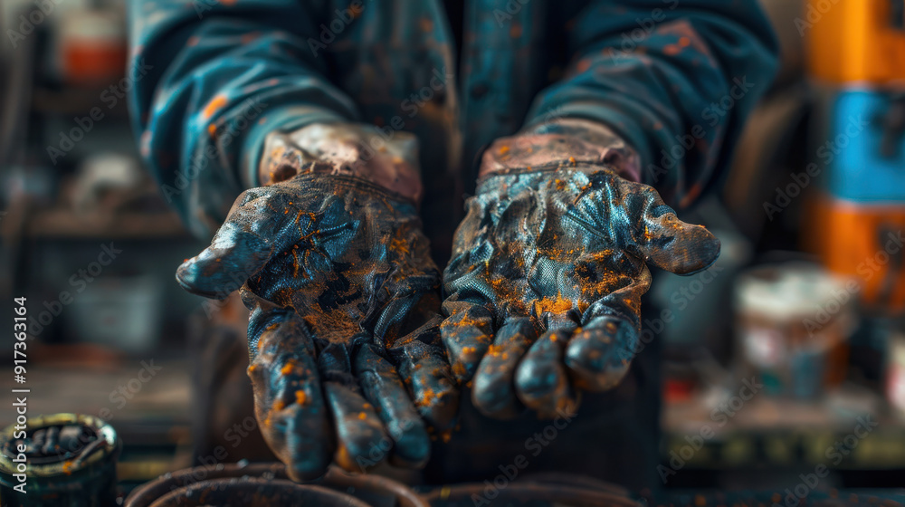 Fototapeta premium A photograph of a craftsman's hands with raw materials, sturdy gloves stained with paint, tight close-up perspective