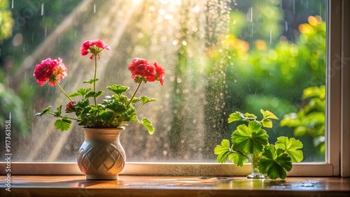 Rain-Kissed Geraniums: A Window View  AI generated photo