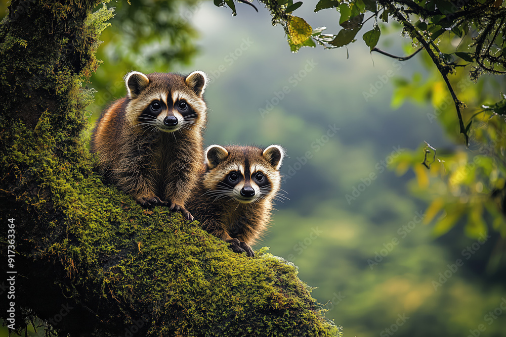 Adorable Baby Raccoons Sitting on Mossy Tree Branch Adorable Baby Raccoons Sitting on Mossy Tree Branch