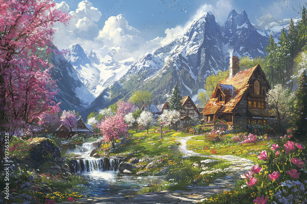 Naklejka premium A picturesque mountain village surrounded by blooming flowers, sparkling stream, and snow-capped peaks under a blue sky on a vibrant spring day.