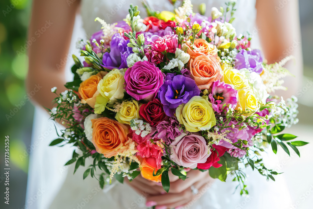 A Bride Holds a Vibrant Wedding Bouquet Overflowing with Colorful Flowers Including Roses, Peonies, and Greens on Her Special Day, Capturing Joy and Love. A Bride Holds a Vibrant Wedding Bouquet Overflowing with Colorful Flowers Including Roses, Peonies, and Greens on Her Special Day, Capturing Joy and Love.