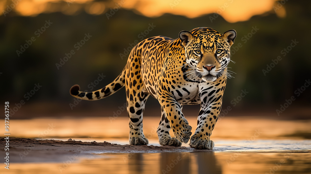 Powerful Jaguar Walking by Water at Sunset