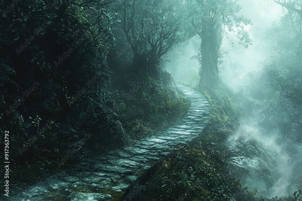 Enchanting Journey: A Stone Path Winds Through an Ancient, Mist-Laden Forest, Beckoning Adventurers to Discover Hidden Mysteries. Enchanting Journey: A Stone Path Winds Through an Ancient, Mist-Laden Forest, Beckoning Adventurers to Discover Hidden Mysteries.