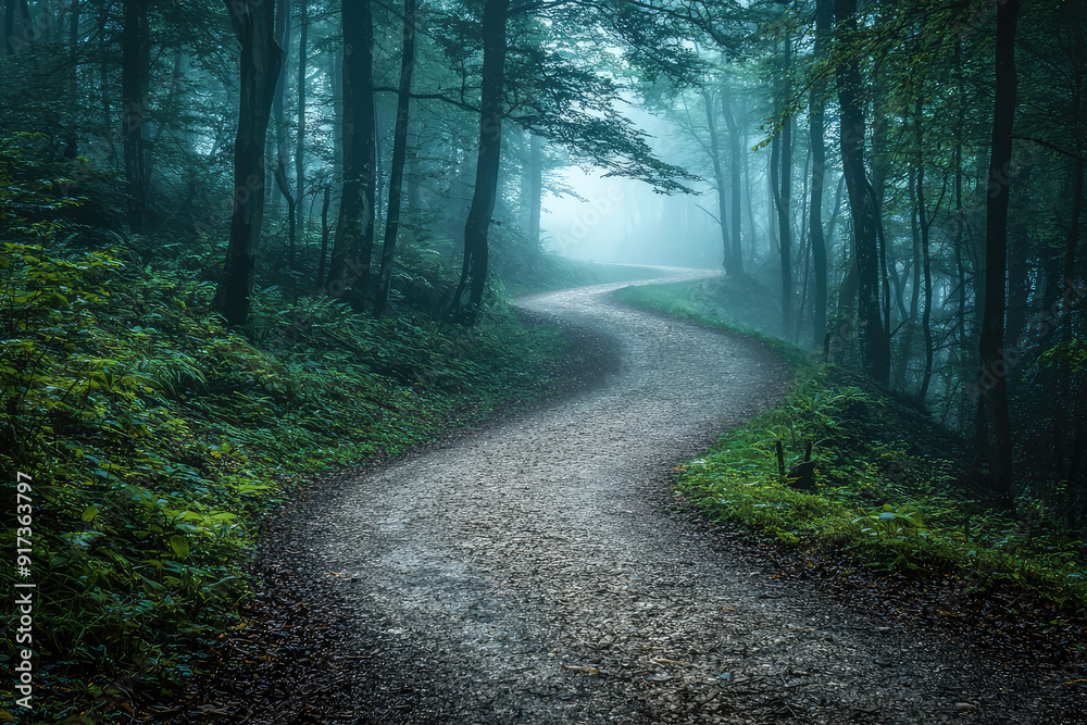 Naklejka premium A winding path through a dense, misty forest, evoking calm and mystery as it disappears into the ethereal, foggy distance of the woods.