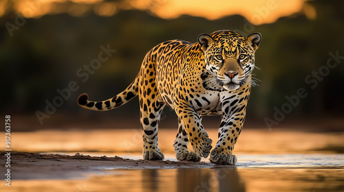 Obraz na płótnie Powerful Jaguar Walking by Water at Sunset w salonie
