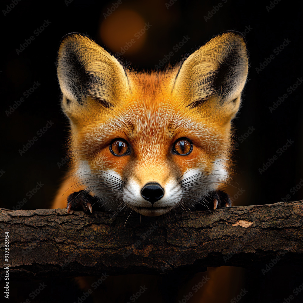 Close-Up Portrait of a Cute Red Fox on a Tree