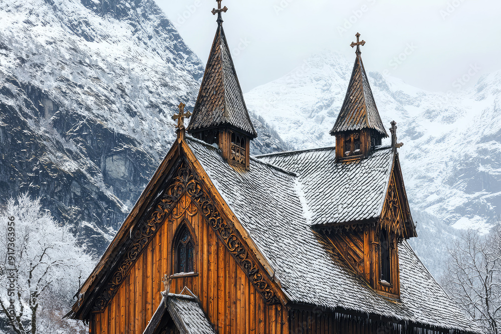 Fototapeta premium Ancient Wooden Stave Church with Intricate Carvings Amidst Snowy Mountain Landscape Captures Timeless Beauty and Serene Atmosphere