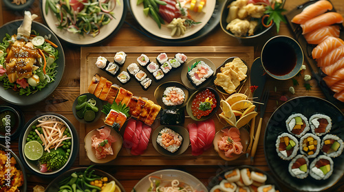 Japanese restaurant dinner table spread in top-down view, array of beautifully plated sushi, sashimi, tempura, surrounded, fresh salads, traditional Japanese food