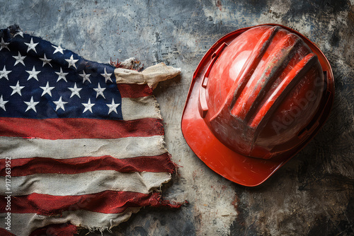 A rugged American flag as a symbol of hard work and resilience beside a red hard hat on a weathered surface, capturing the spirit of labor. photo