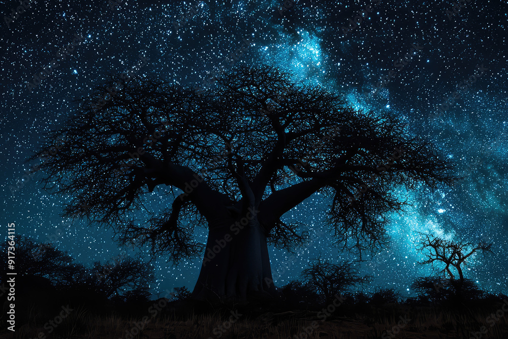 Mystical Baobab Tree Silhouetted Against a Star-Filled Night Sky; Galaxy in Full View, Capturing the Magic of Nature’s Nocturnal Beauty Mystical Baobab Tree Silhouetted Against a Star-Filled Night Sky; Galaxy in Full View, Capturing the Magic of Nature’s Nocturnal Beauty