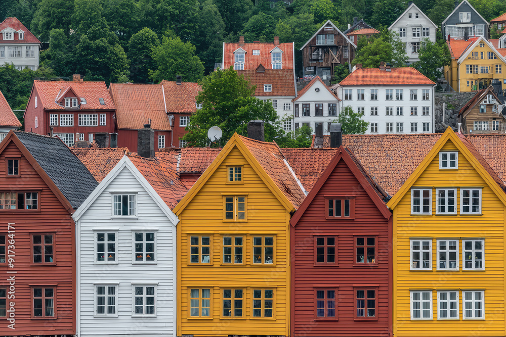 Vibrant wooden houses at Bryggen Wharf in Bergen, Norway, showcase historical charm with brightly colored facades and scenic backdrop of lush greenery. Vibrant wooden houses at Bryggen Wharf in Bergen, Norway, showcase historical charm with brightly colored facades and scenic backdrop of lush greenery.