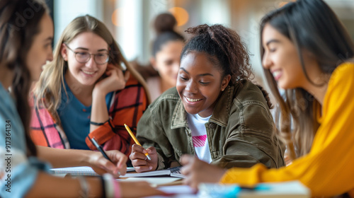 Diverse groups of students collaborating on projects or studying together with space for teamwork tips, university, with copy space