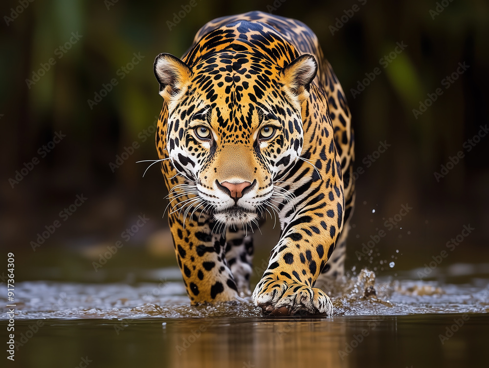 Majestic Jaguar Stealthily Walking Through Water in Its Natural Habitat
