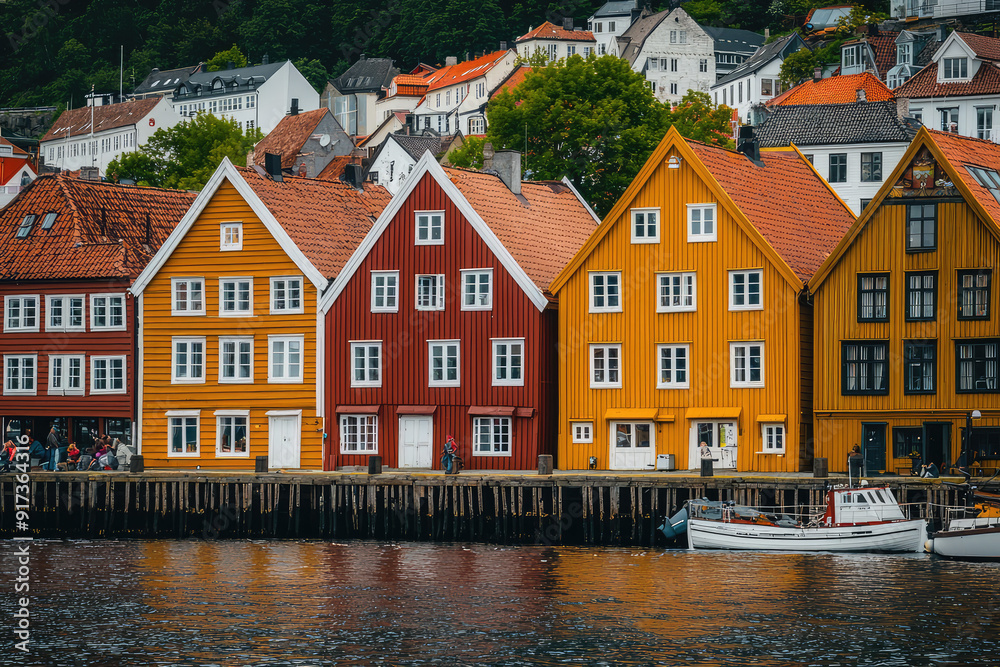 A row of vibrant wooden houses along Bryggen Wharf in Bergen, showcasing historic charm and lively colors under a sky hinting at a cultural heritage. A row of vibrant wooden houses along Bryggen Wharf in Bergen, showcasing historic charm and lively colors under a sky hinting at a cultural heritage.