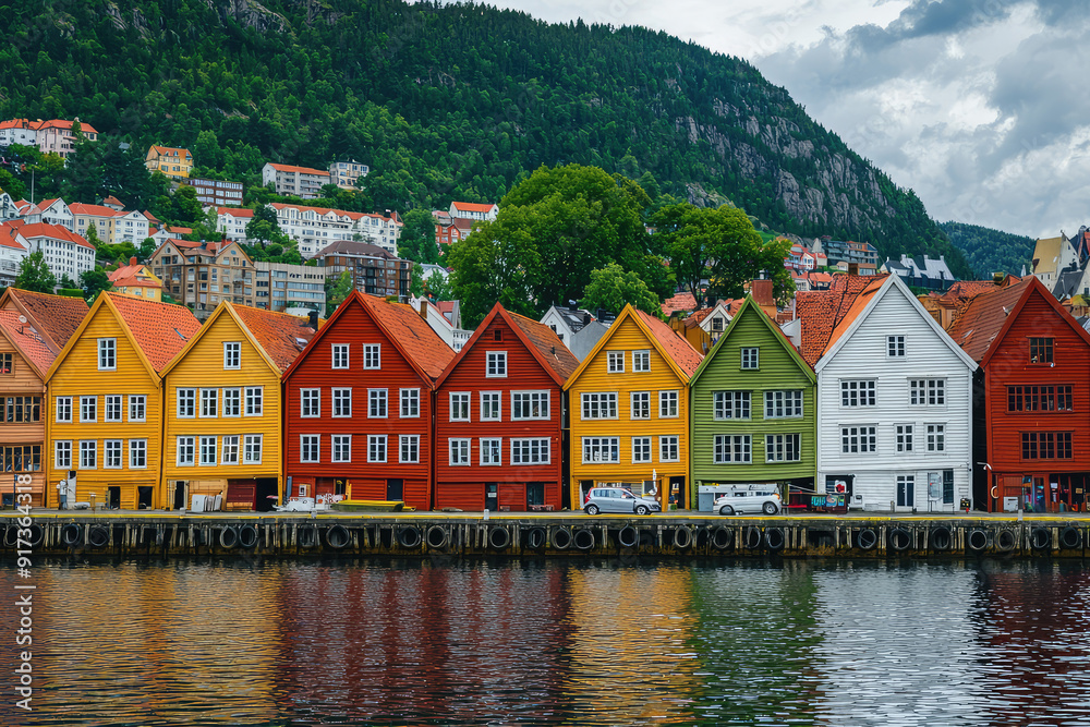 Fototapeta premium Colorful wooden houses line the historic Bryggen wharf in Bergen, Norway, reflecting beautifully on the calm waterfront with a hilly backdrop.