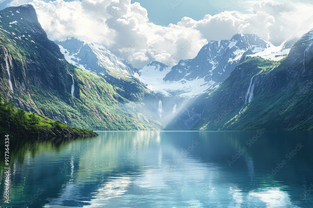 custom made wallpaper toronto digitalBreathtaking fjord landscape with clear waters reflecting towering green and snowy peaks under a sky filled with fluffy white clouds.